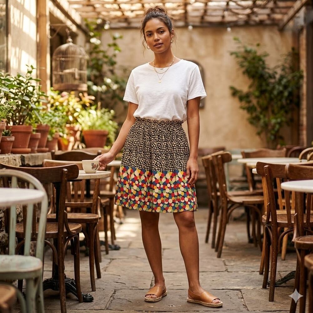 Corey‎ Lynn Calter Anthropologie 100% Silk Confetti Polka Dot Mini Skirt Women M